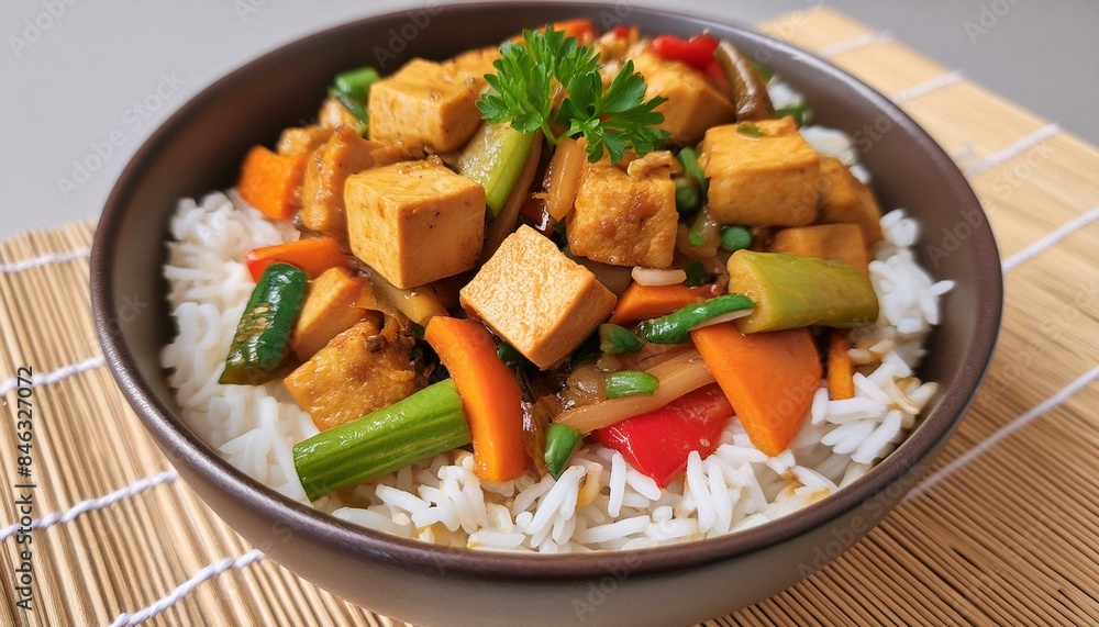 A bowl full of colorful vegetable stir-fry with tofu, served on jasmine rice A bowl full of colorful vegetable stir-fry with tofu, served on jasmine rice