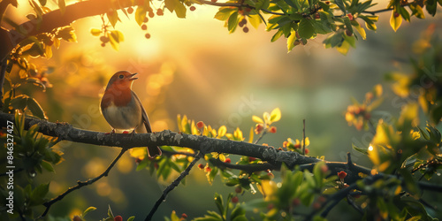 A robin bird in a tree singing song at sunrise photo