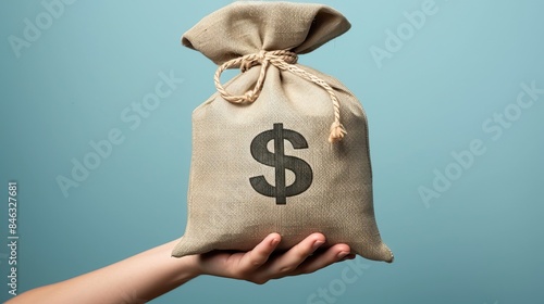 Hand holding a burlap money bag with a dollar sign symbolizing finance, savings, and wealth