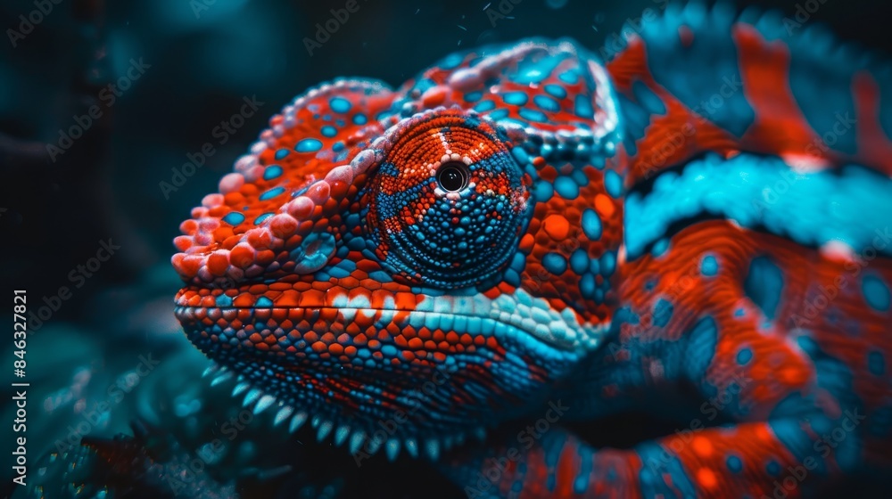 Obraz premium A tight shot of a Chameleon's head, displaying vibrant red and blue colors Red and blue accents prominent