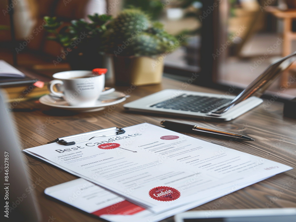 Best Candidate Resume Highlight: Professional Desk Setup with Congratulatory Email, Stylish Pen, and Coffee in Modern Office Best Candidate Resume Highlight: Professional Desk Setup with Congratulatory Email, Stylish Pen, and Coffee in Modern Office