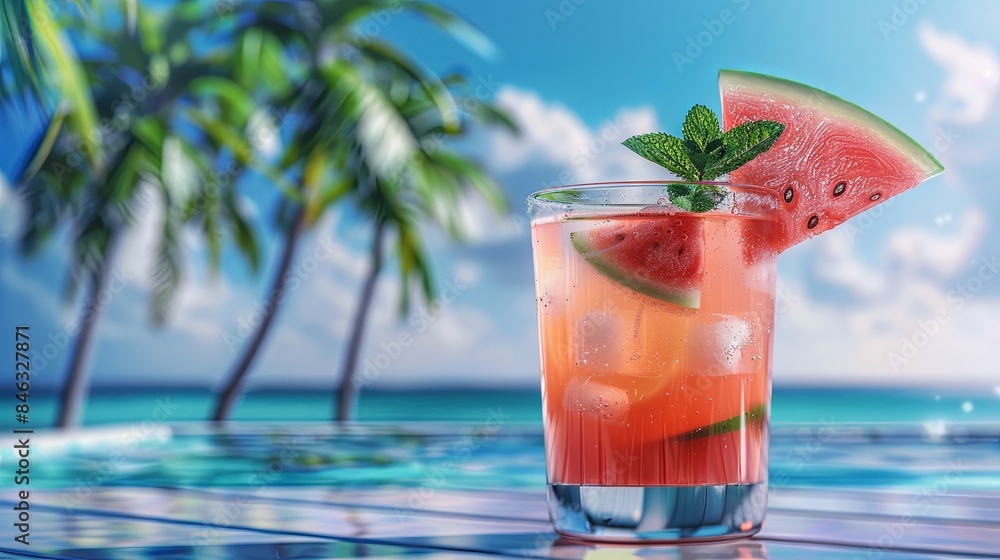 A glass of watermelon cocktail garnished with a slice of watermelon and mint sits on a table by a pool on a sunny day. Generative AI A glass of watermelon cocktail garnished with a slice of watermelon and mint sits on a table by a pool on a sunny day. Generative AI