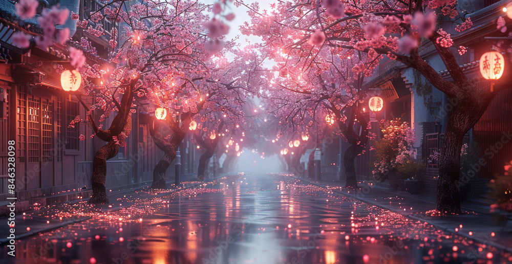 A street scene at twilight under the gentle glow of street lamps. The street is lined with flowering plum trees, their branches heavy with clusters of delicate pink blossoms. Generative AI. A street scene at twilight under the gentle glow of street lamps. The street is lined with flowering plum trees, their branches heavy with clusters of delicate pink blossoms. Generative AI.