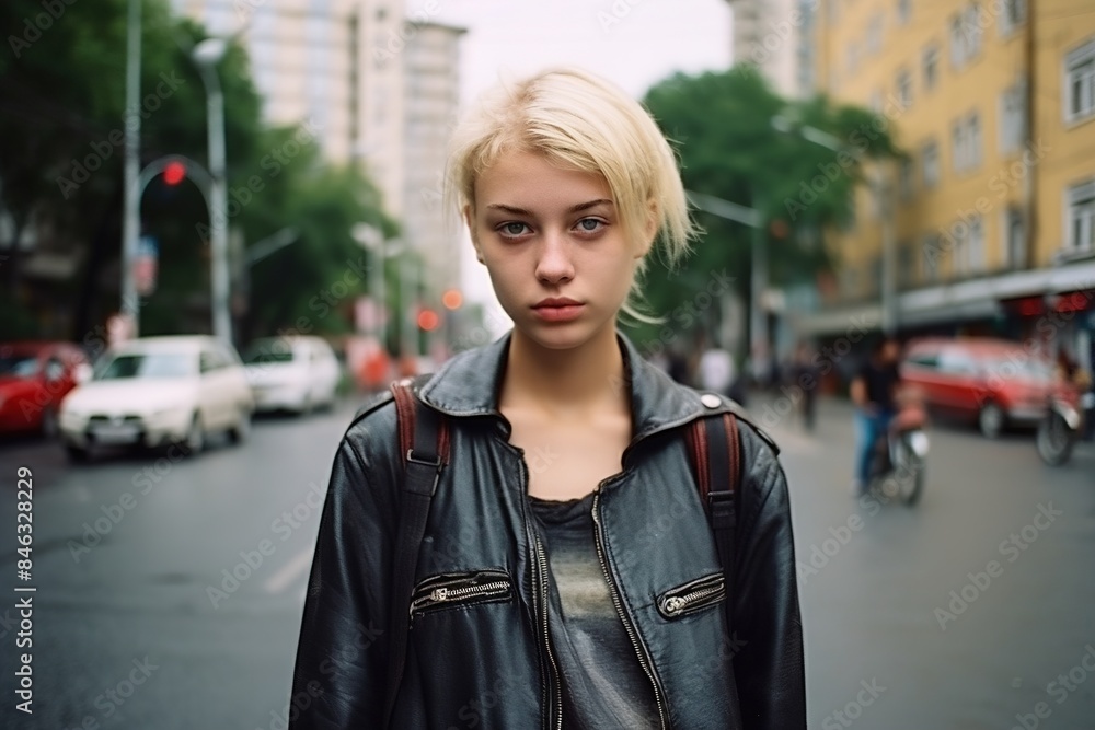A blonde woman wearing a leather jacket stands on a city street A blonde woman wearing a leather jacket stands on a city street