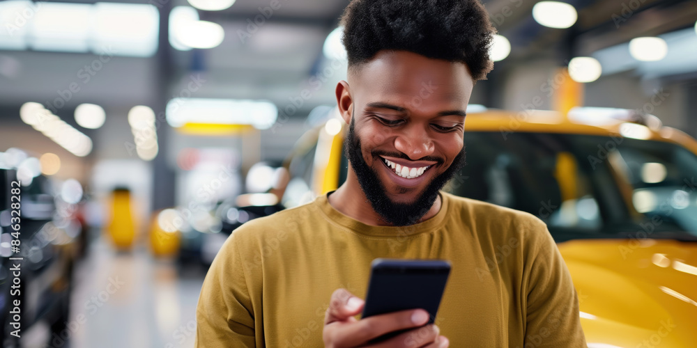 A smiling person using a smartphone to purchase a car