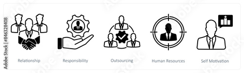 A set of 5 Mix icons as relationship, responsibility, outsourcing