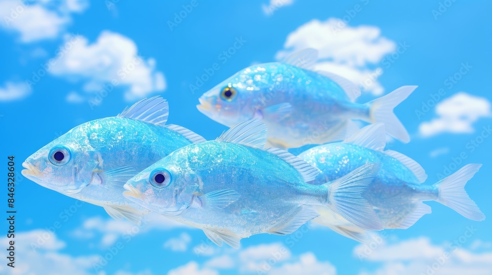 A cluster of tiny, blue fish hover above tranquil water beneath a sky painted blue with cottony white clouds A cluster of tiny, blue fish hover above tranquil water beneath a sky painted blue with cottony white clouds