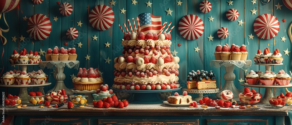 A detailed scene featuring an Independence Day cake as the focal point, with assorted themed desserts and festive treats artfully arranged to The spirit of celebration A detailed scene featuring an Independence Day cake as the focal point, with assorted themed desserts and festive treats artfully arranged to The spirit of celebration