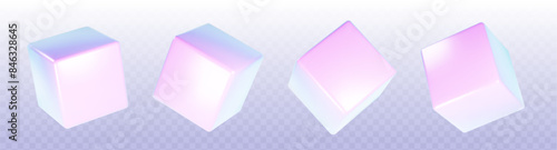 3d holographic cube render element. Abstract box shape. Hologram geometric figure isometric set. Iridescent solid block. Blank minimal purple and pink color light futuristic concept model for web.
