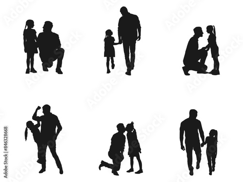 little girl with her father silhouettes. Little girl running to her father silhouette vector illustration. A beautiful black silhouette of a cute little girl. Vector illustration on white background.