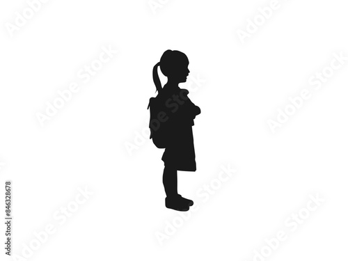 Little girl with school bag silhouettes vector.  Silhouette girl school bag knowledge day.  Kids running to school with bags silhouette vector.  Vector illustration on white background.