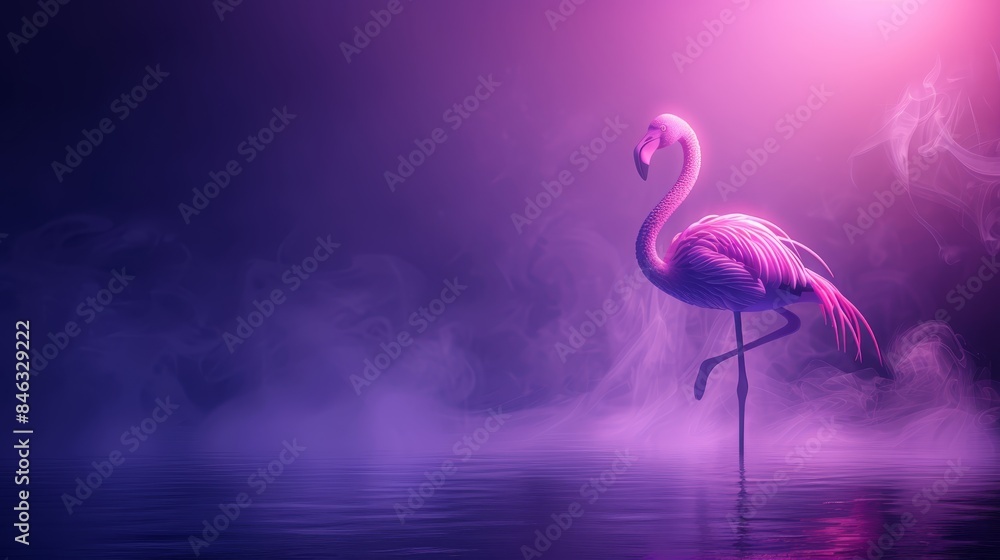 Fototapeta premium A pink flamingo stands before a purple and black backdrop, with smoke rising from the water behind it