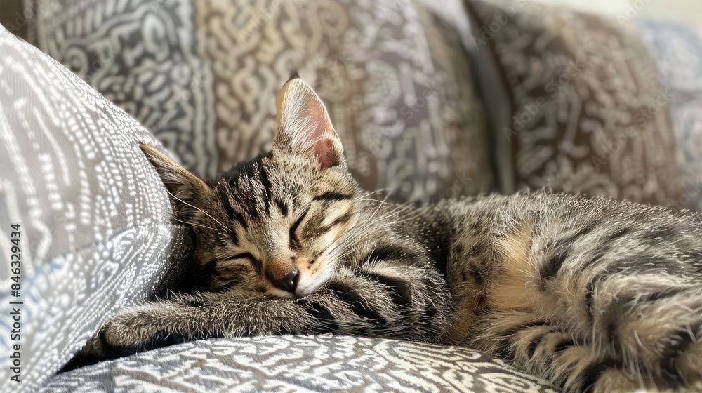 A peaceful tabby kitten resting on the couch A peaceful tabby kitten resting on the couch