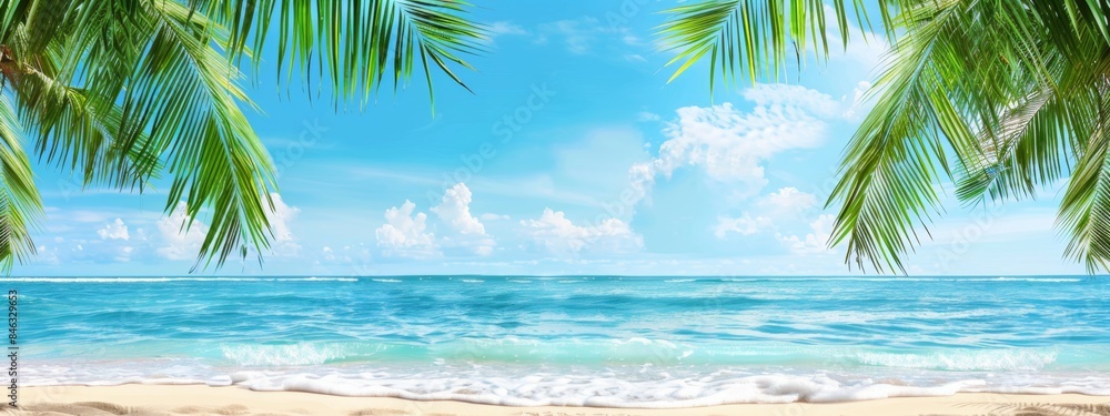 Fototapeta premium Serene tropical beach scene with palm leaves against white background. Relaxing summer vacation, retirement lifestyle, positive attitude, travel and tourism concept.