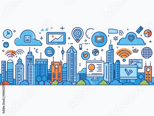 The concept of smart city. Internet of things. Outline cityscape with skyscrapers and various icons of city life. Vector illustration.