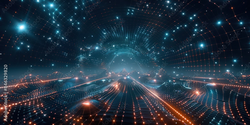 Capture the futuristic ambiance of the Metaverse with a photo of a digital science fiction matrix background embellished with a perspective laser grid. Capture the futuristic ambiance of the Metaverse with a photo of a digital science fiction matrix background embellished with a perspective laser grid.