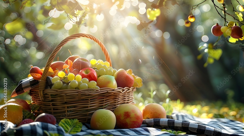 Vibrant Picnic Basket Overflowing with Fresh Fruits in Sunlit Garden Vibrant Picnic Basket Overflowing with Fresh Fruits in Sunlit Garden