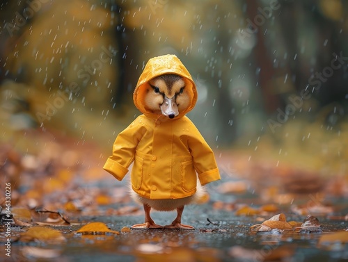 A duck is standing in the rain wearing a yellow raincoat