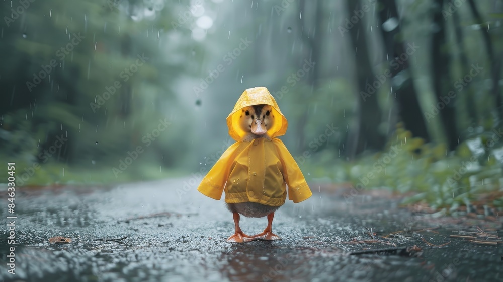 A duck is standing in the rain wearing a yellow raincoat A duck is standing in the rain wearing a yellow raincoat