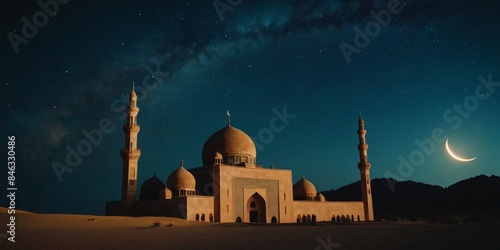 Watercolor night sky over a desert mosque with stars and a crescent moon. photo