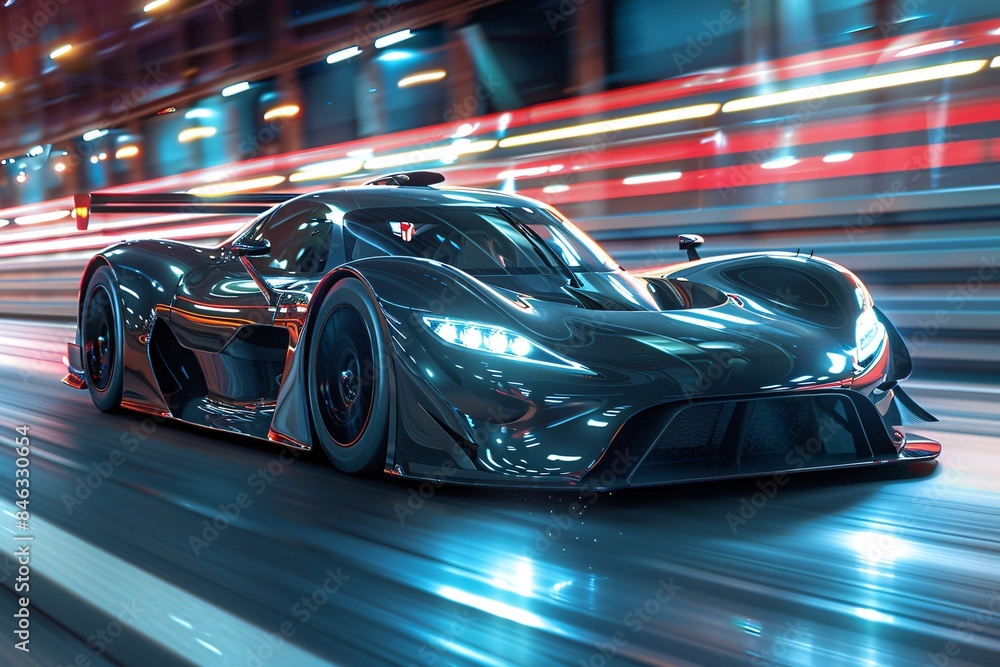 Motor sports competitive team racing, fast moving generic race car racing down the track with motion blur, 3d rendering, highlighting the sleek design and speed of the car, dramatic lighting,