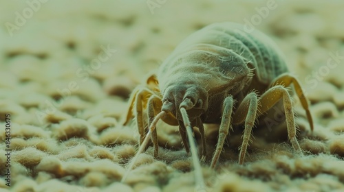 Close-up of an oversized house dust mite on a carpeted floor in a room. 