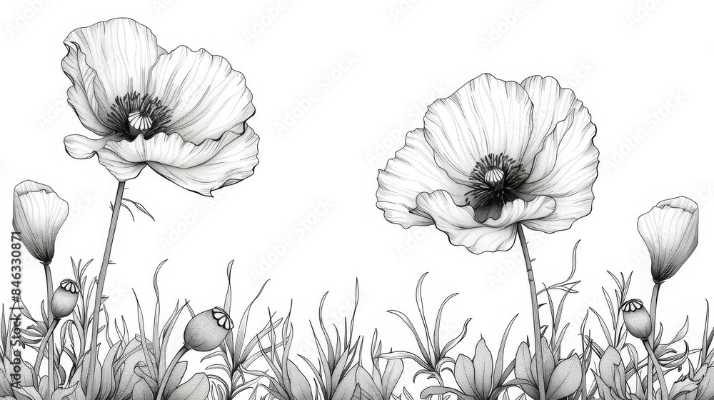 Black and white pencil drawing of a few poppies with buds and grass. Black and white pencil drawing of a few poppies with buds and grass.