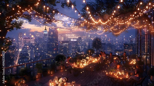 Sparkling Cityscape Backdrop for Festive Family Gathering on Rooftop