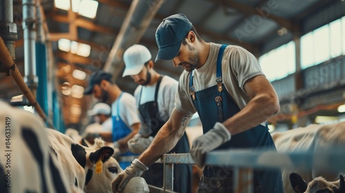 A group of male farmers wearing overalls and hats, milking cows in a modern dairy barn.  photo
