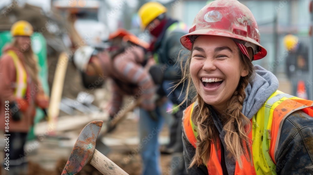 A joyful female construction worker taking a break, leaning on a shovel and sharing a laugh with coworkers in the background. A joyful female construction worker taking a break, leaning on a shovel and sharing a laugh with coworkers in the background.
