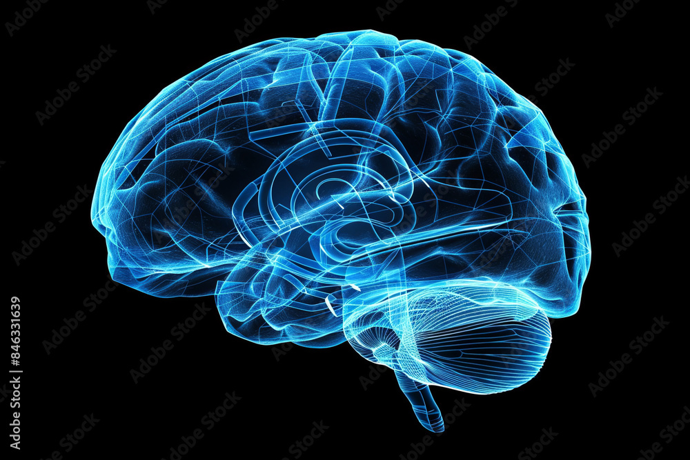 Glowing X-ray image of a human brain represented in a blue wireframe, isolated on a black background, illustrating scientific and medical concepts related to the mind and neurology Glowing X-ray image of a human brain represented in a blue wireframe, isolated on a black background, illustrating scientific and medical concepts related to the mind and neurology