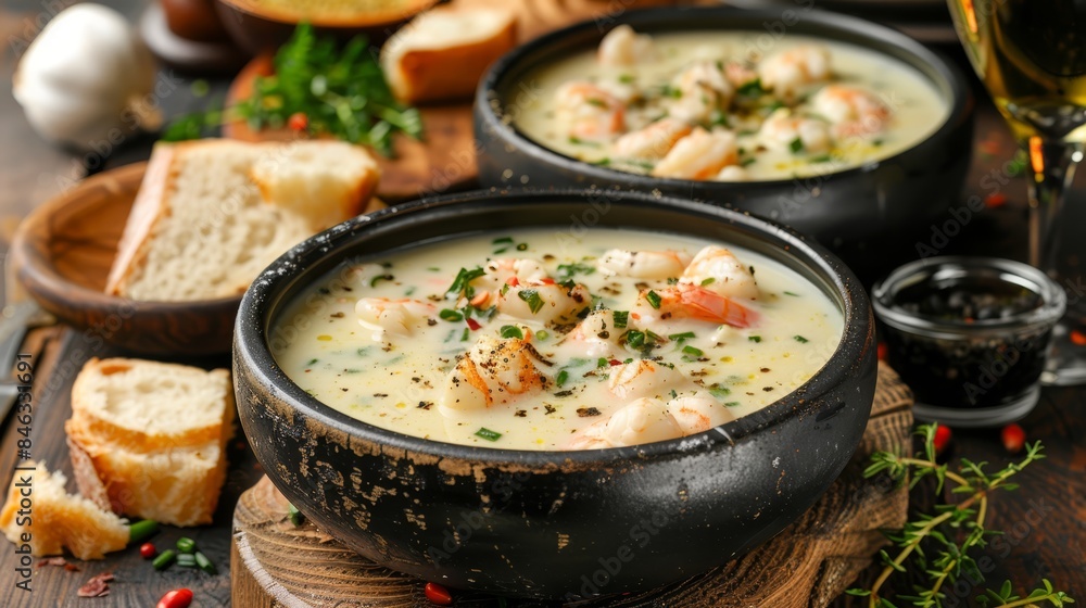 A tight shot of two bowls of soup on a table Background includes sliced bread and breadcrumbs A tight shot of two bowls of soup on a table Background includes sliced bread and breadcrumbs