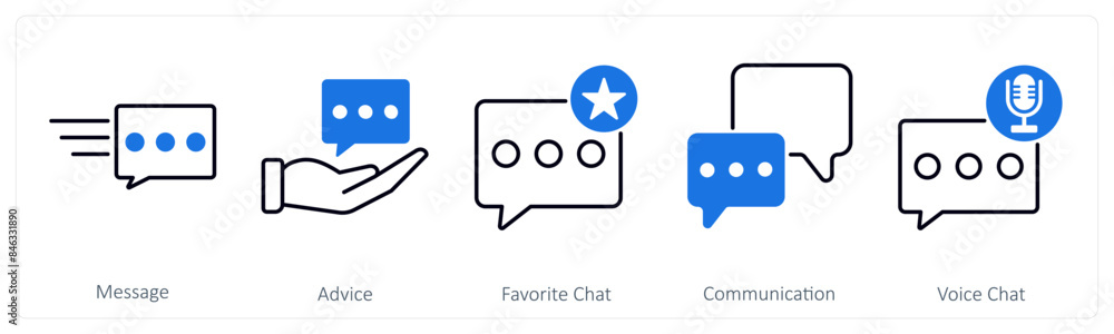 A set of 5 Mix icons as message, advice, favorite chat A set of 5 Mix icons as message, advice, favorite chat