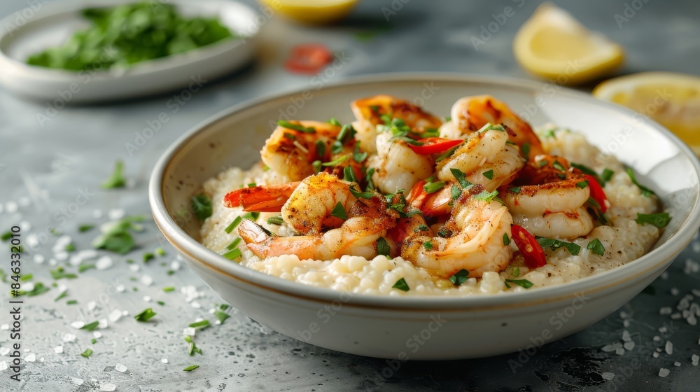 A bowl of rice topped with shrimp and garnished with herbs, serve with lemon wedges A bowl of rice topped with shrimp and garnished with herbs, serve with lemon wedges