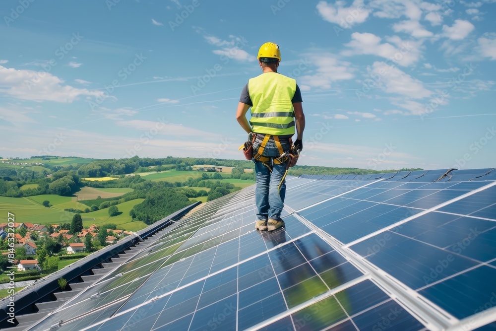Engineer Inspecting Solar Panels on Rooftop Renewable Energy. Professional working in the countryside ensuring the sustainability of solar power installation, a clean and ecofriendly technology Engineer Inspecting Solar Panels on Rooftop Renewable Energy. Professional working in the countryside ensuring the sustainability of solar power installation, a clean and ecofriendly technology