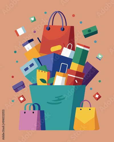 Shopping bags overflowing with unnecessary items as people continue to make more and more purchases.. Vector illustration