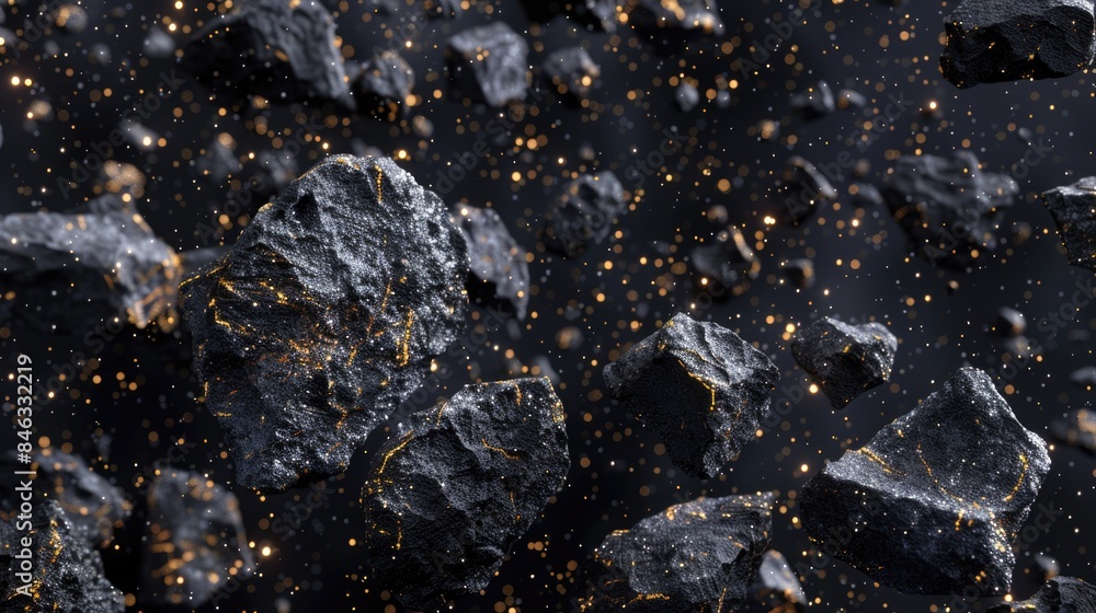 A black and gold image of rocks with a lot of sparkles A black and gold image of rocks with a lot of sparkles