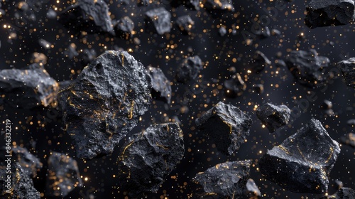 A black and gold image of rocks with a lot of sparkles