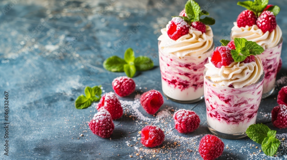 Two glasses of raspberry trifle, topped with whipped cream and fresh raspberries, sit elegantly on a blue stone surface Two glasses of raspberry trifle, topped with whipped cream and fresh raspberries, sit elegantly on a blue stone surface