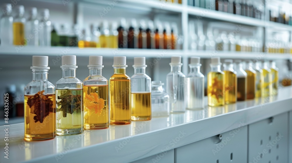In front of a shelf with sample bottles with yellow and green liquids, modern white laboratory. Generative AI. In front of a shelf with sample bottles with yellow and green liquids, modern white laboratory. Generative AI.