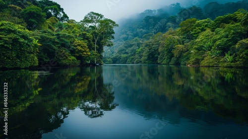 A serene lake surrounded by lush greenery and reflected in the calm water.