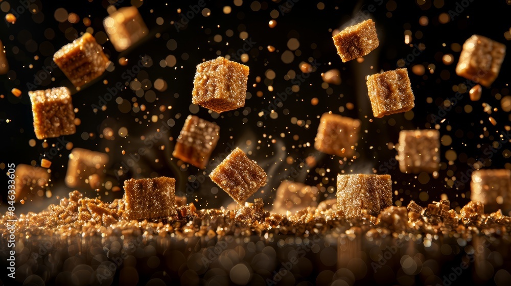 Brown sugar cubes suspended in mid-air against a black backdrop, golden flakes precipitating around them Brown sugar cubes suspended in mid-air against a black backdrop, golden flakes precipitating around them