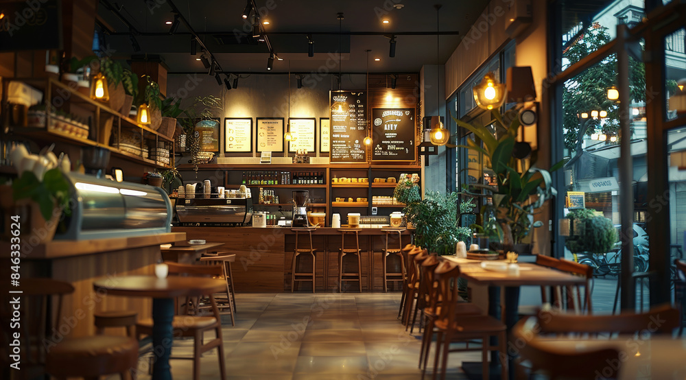 Night coffee shop from the inside, elite cafe, table for taking orders, tables and chairs. Generative AI. Night coffee shop from the inside, elite cafe, table for taking orders, tables and chairs. Generative AI.