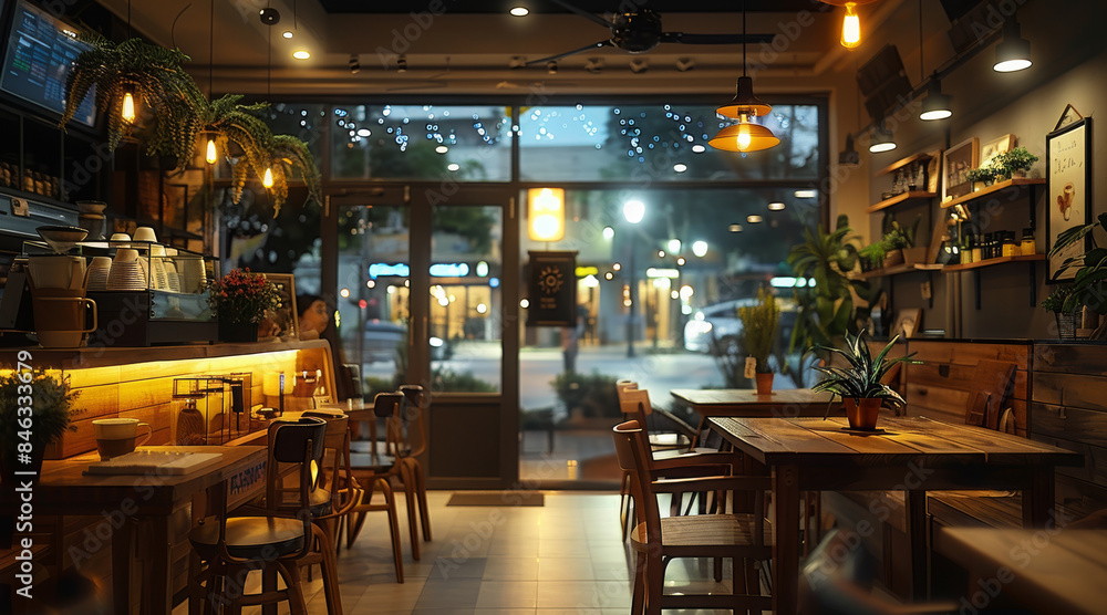 Night coffee shop from the inside, elite cafe, table for taking orders, tables and chairs. Generative AI. Night coffee shop from the inside, elite cafe, table for taking orders, tables and chairs. Generative AI.