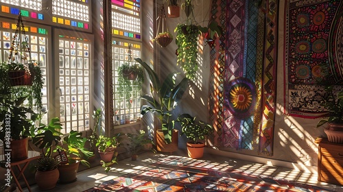 A sunroom with a bohemian chic design, decorated with colorful tapestries, hanging plants, and sunlight creating intricate shadow patterns