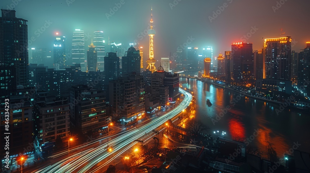Shanghai, at night in the dark. Aerial high view. Generative AI. Shanghai, at night in the dark. Aerial high view. Generative AI.