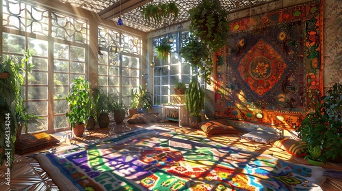 A sunroom with a bohemian chic design, decorated with colorful tapestries, hanging plants, and sunlight creating intricate shadow patterns