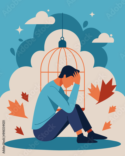 The person felt like they were drowning in a sea of negative thoughts unable to come up for air and break free from the spiral.. Vector illustration