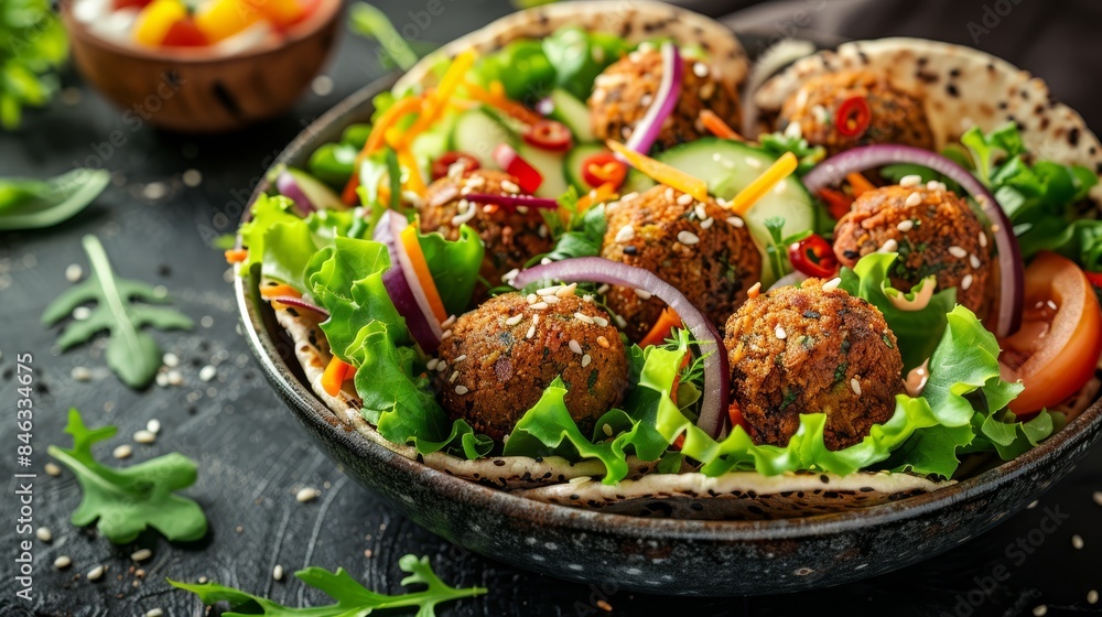 A tight shot of a dish filled with meatballs and vegetables atop a bed of crisp lettuce A tight shot of a dish filled with meatballs and vegetables atop a bed of crisp lettuce