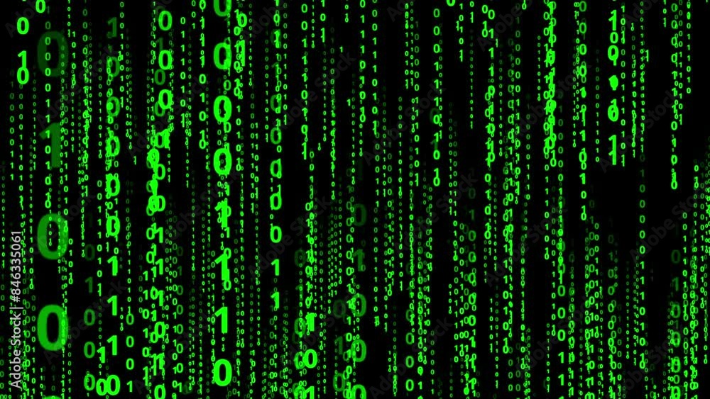 Looping matrix style Cyrillic binary code rain effect. abstract number scrolling across the screen,data code digital technology Cyber tech animation background, glowing green digits streaming in matri